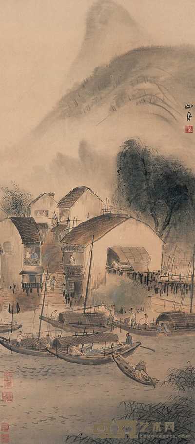 关山月 渔家图 立轴 95×42cm